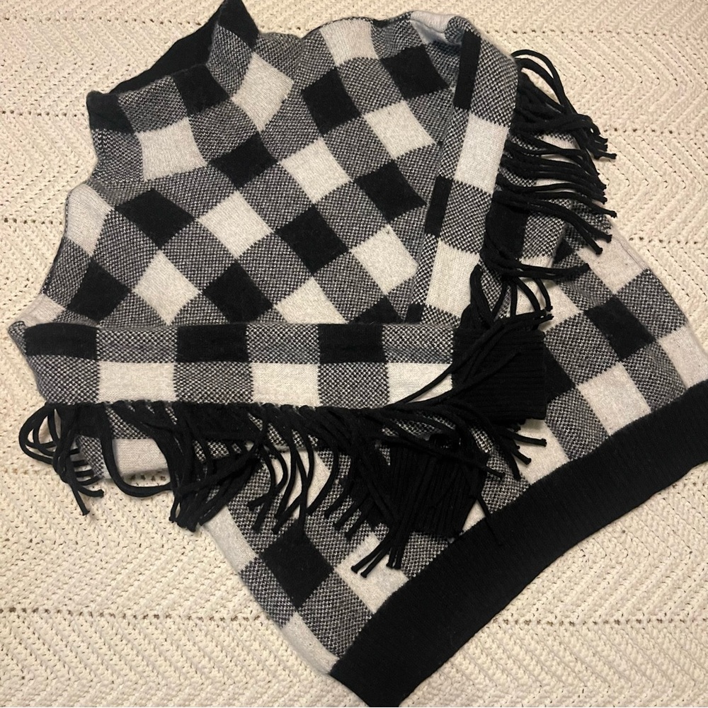 Lauren Ralph Lauren Buffalo Plaid fringe sweater wool black and white